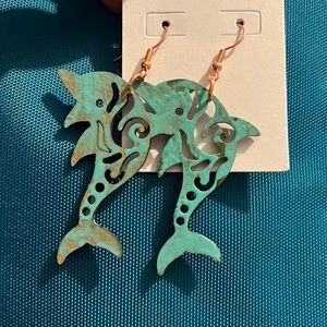 Turquoise Dolphin Earrings, nickel free, rubber backs included (Hand Painted)